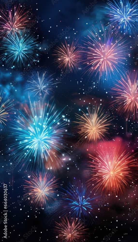 Colorful firework New Year celebration, Abstract holiday background vertical
