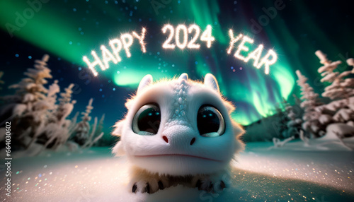 The dragon looks into the camera and wishes everyone a happy 2024 on the background of a forest decorated with Christmas trees