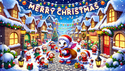 The symbol of the new year 2024 dragon dressed as Santa Claus came to wish the village a Merry Christmas.