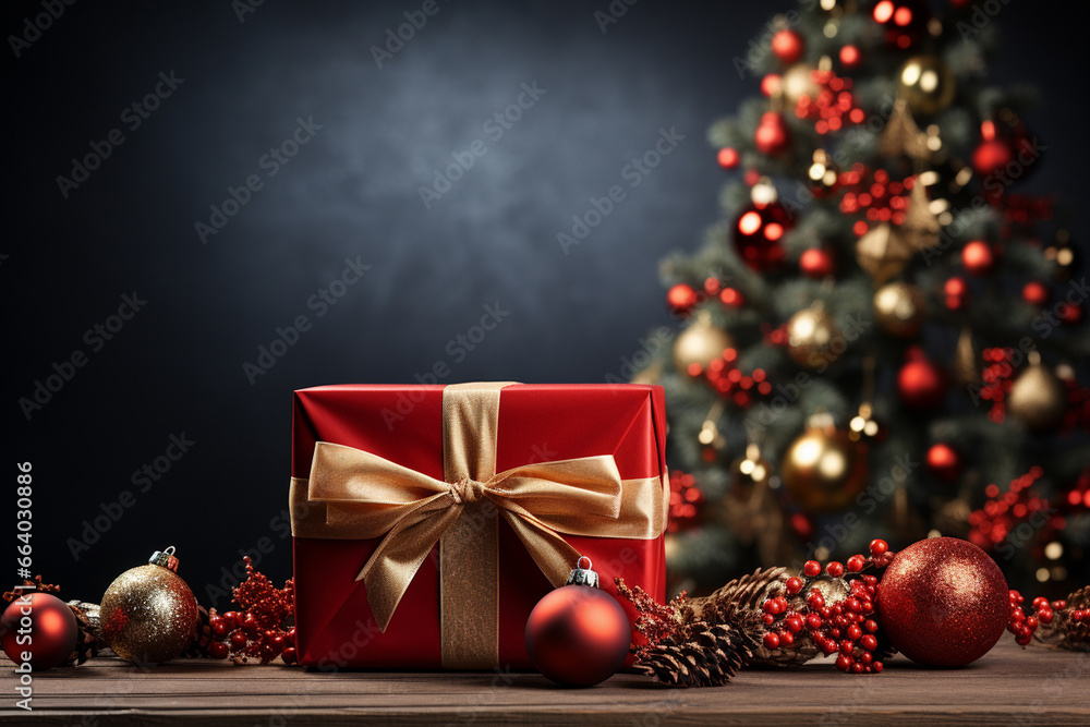Background of christmas tree and red gift box on a christmas empty background with copy space