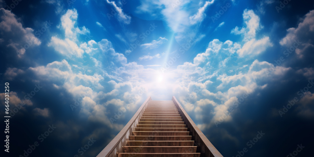 Stairway to heavenly sky toward the light. Generative AI.