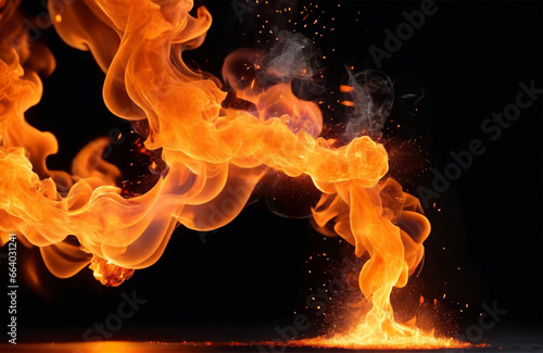 Realistic fire sparks orange flame light and smoke on black background