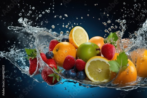 Flying fruit and splashes of water on a dark background