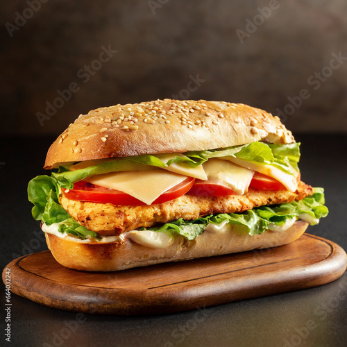 Chicken sandwich with tomato,cheese lettuce,food photography ,closeup
