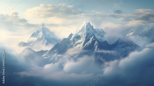 rugged mountain peaks shrouded in mist and bathed in the soft light of dawn, emphasizing the grandeur and serenity of the natural world