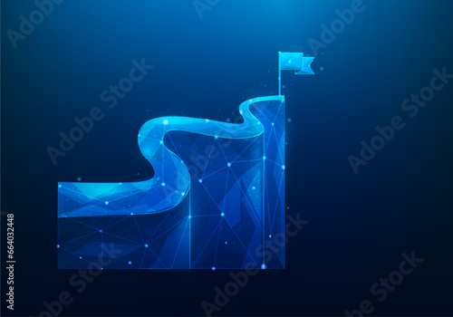 business vision to goal digital technology on blue background. road mountain to success. path mission complete with flag. journey achievement. vector illustration low poly.