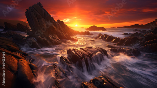 a coastal landscape at sunset, with waves crashing against rocky cliffs, and the sky painted in shades of orange and purple, capturing the drama and beauty of the ocean meeting the land