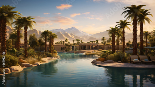 a desert oasis, with a pristine pool of water surrounded by palm trees and sand dunes, against a backdrop of clear desert skies, conveying the allure of desert landscapes