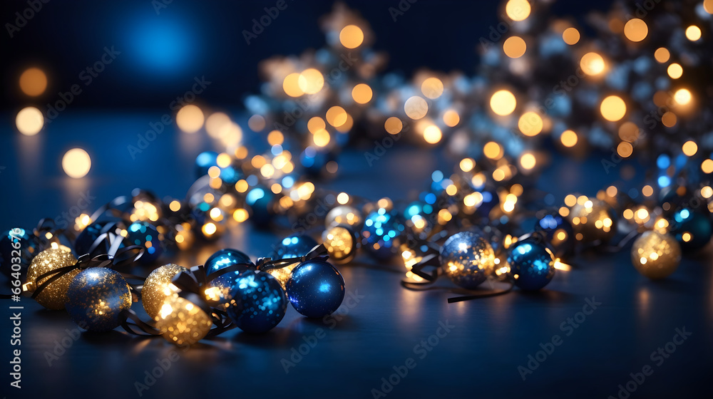 holiday decoration concept. garland bokeh lights over dark blue background holiday decoration concept. garland bokeh lights over dark blue background