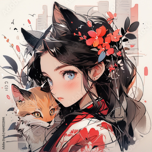 cat girl with flowers and her fox photo