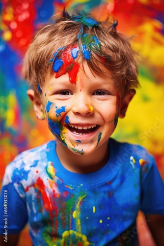 Happy and smiling child boy celebrating his birthday  vibrant colors