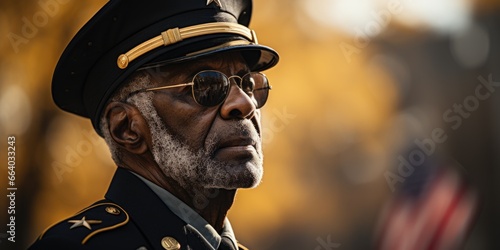 Black US army officer with blurred background. Veterans day
