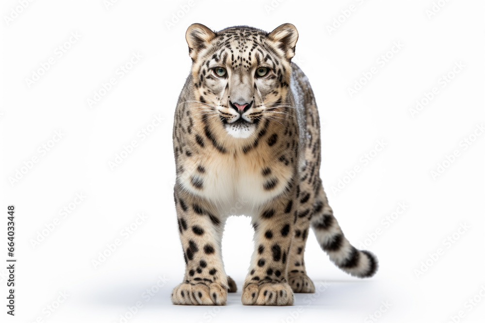 Snow Leopard Posing with Regal Dignity Against White Snow Leopard Posing with Regal Dignity Against White