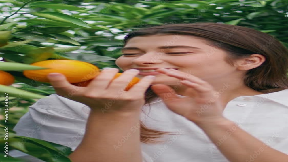 Happy lady smell citrus fruit vertically closeup. Woman enjoying orange aroma Happy lady smell citrus fruit vertically closeup. Woman enjoying orange aroma
