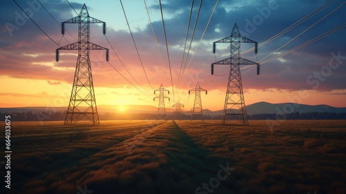 a straight row of high voltage pylons in the midst of a vast rural landscape, highlighting the long-reaching power lines disappearing into the horizon. photo