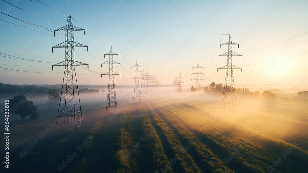 a straight row of high voltage pylons in the midst of a vast rural landscape, highlighting the long-reaching power lines disappearing into the horizon. - obrazy, fototapety, plakaty 