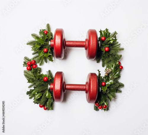 Christmas dumbbells flat lay with balls and pine branches. New Year new you, concept of sport, winter sale season, gym workout and sport training. Exercise equipment, New Year resolutions