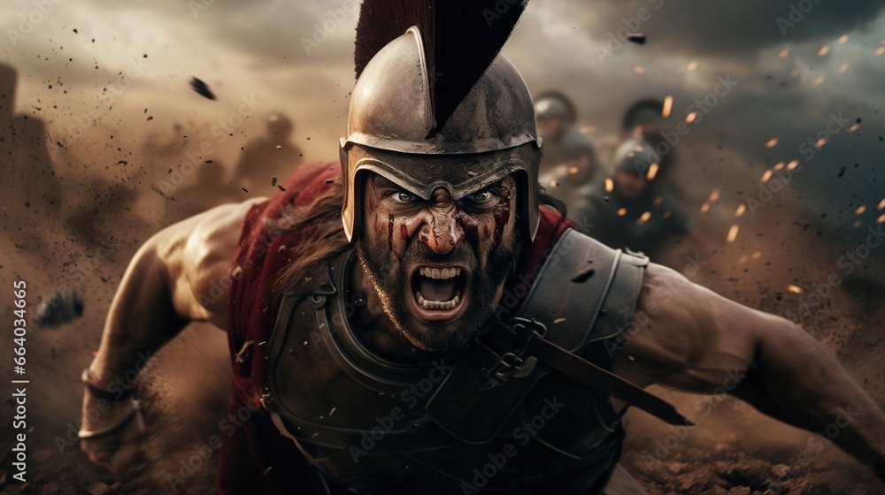 Generative AI, Realistic illustration of a fierce gladiator attacking