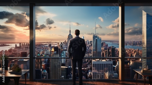 a businessman in a modern office, standing by a large window, looking out at the city skyline with reflections of the urban landscape on the glass.