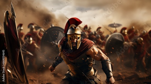 Generative AI, Realistic illustration of a fierce gladiator attacking, running. Armoured roman gladiator in combat wielding a sword charging towards his enemy.	
 photo