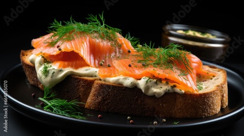 Gravlax: An overhead view capturing Gravlax cured salmon with mustard-dill sauce on rye bread against a pale gray background
