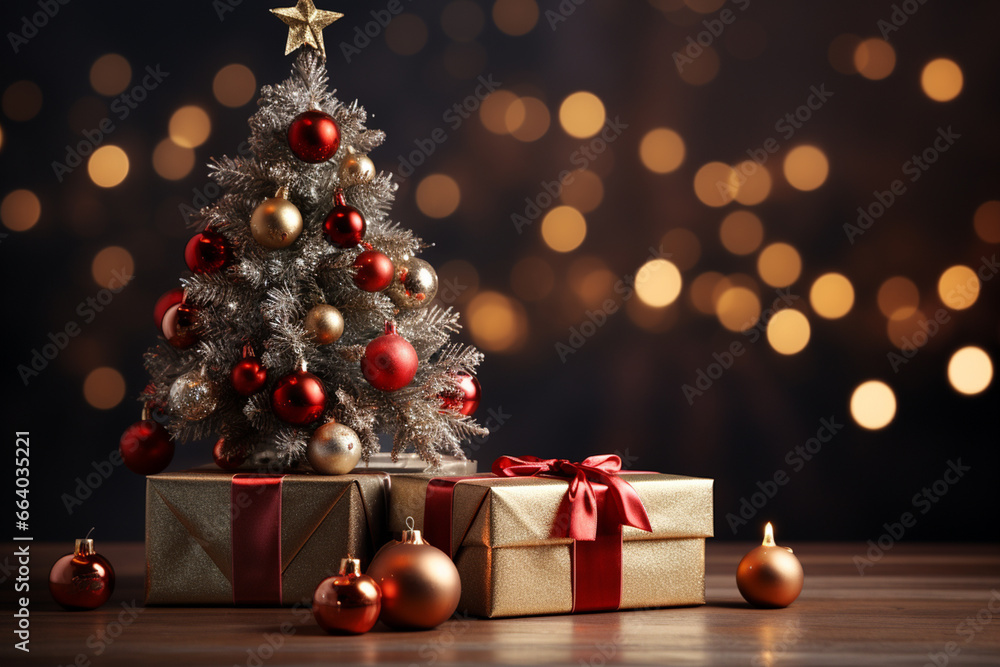Ai Generative Background of christmas tree and red gift box on a christmas empty background with copy space Ai Generative Background of christmas tree and red gift box on a christmas empty background with copy space