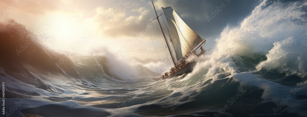 a yacht surging through the waves, wind billowing its sails, as the crew embarks on an exhilarating ocean adventure in a remote and pristine setting. - obrazy, fototapety, plakaty 