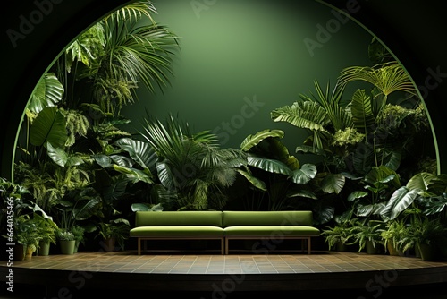 Chic green podium in a tropical forest for product presentation against a vibrant green wall  creating a lush and opulent backdrop