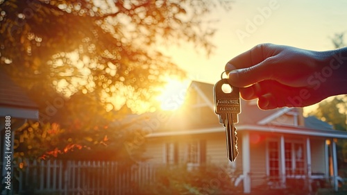 a landlord's key is being inserted into the lock of a house door. The keychain, dangling in the wind, bears the message Welcome Home, symbolizing a warm invitation to potential renters or buyers.