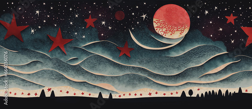 illustrazione di magico e immaginario paesaggio notturno astratto, pianeti, lune e cieli stellati photo