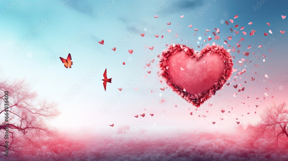 Love Birds and Butterflies in a Natural Setting - Valentine's Day in Pink and Red on Open Sky
