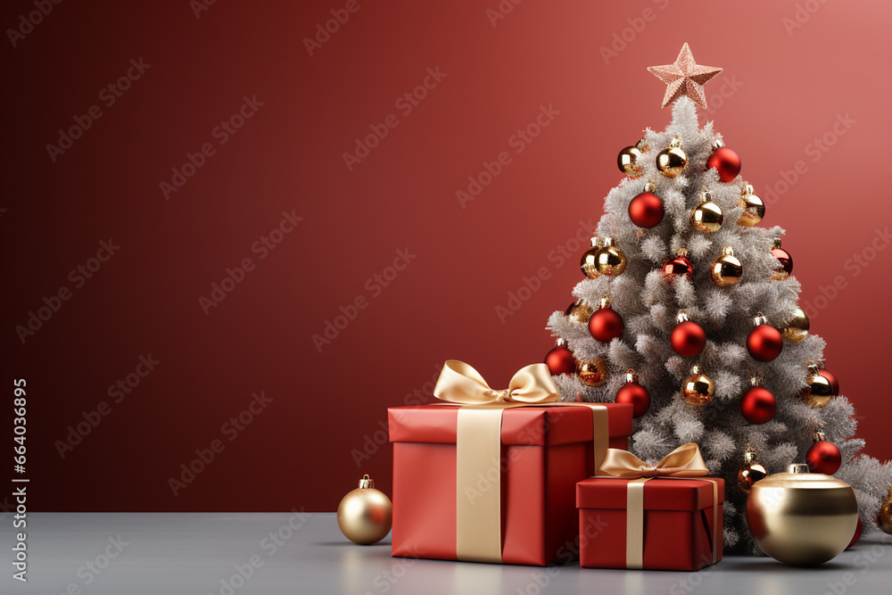 Ai Generative Background of christmas tree and red gift box on a christmas empty background with copy space