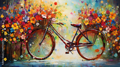 bicicleta abstrata colorida com flores nas cores alegres e vibrantes 