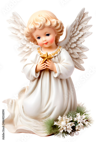 Christmas angel with a gold star in his hands. Isolated on a transparent background.