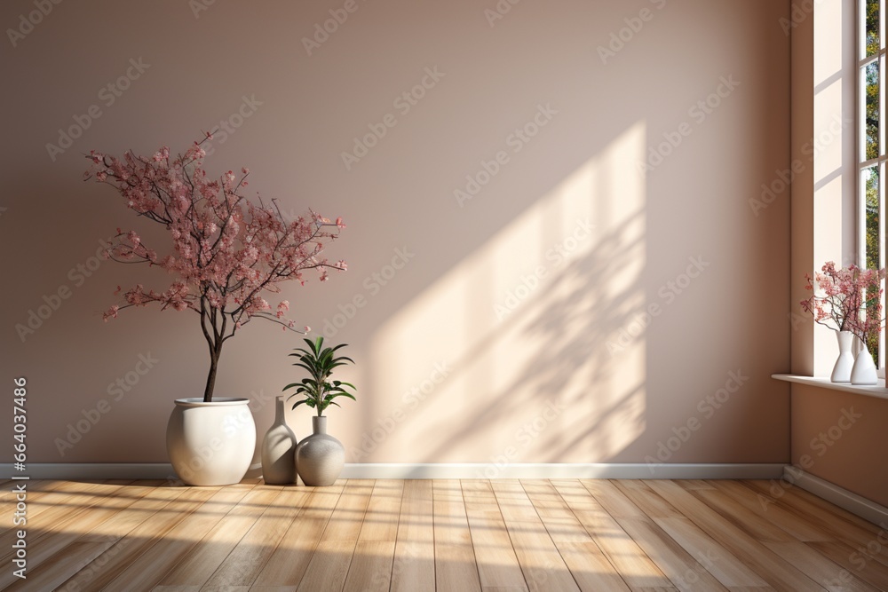 Elegant empty room with wooden flooring and a potted plant, combining natural elements with a clean and luxurious aesthetic Elegant empty room with wooden flooring and a potted plant, combining natural elements with a clean and luxurious aesthetic