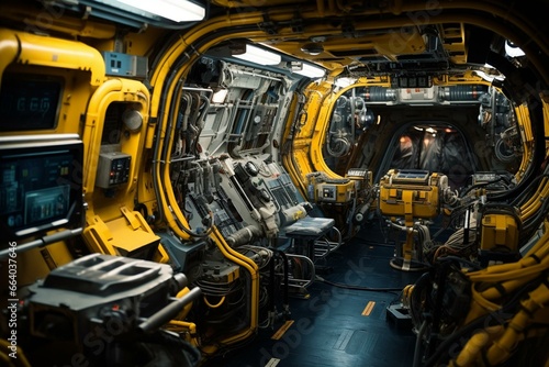 The spacecraft's interior is filled with various machines and equipment. Generative AI