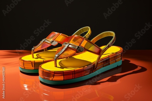 Vibrant float and sandals basking in sunlight against grey backdrop. Generative AI