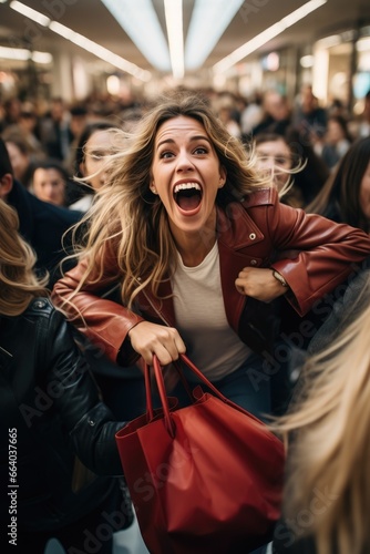 A crowd of women jostle to grab discounted clothes in a shopping center. Black Friday Sale. photo
