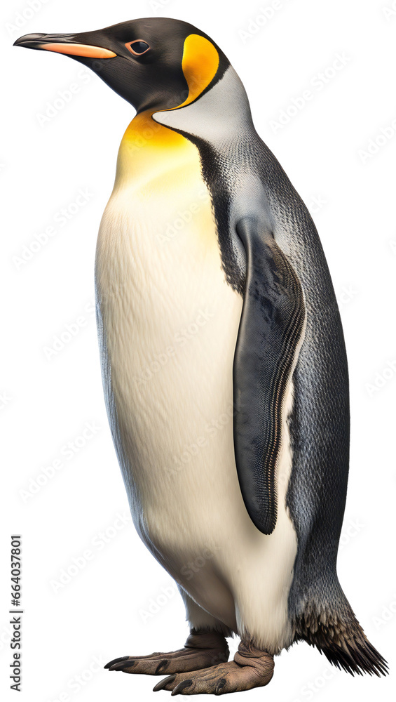 Obraz premium The penguin stands tall. Side view. Isolated on a transparent background.