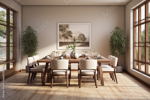 Elegant modern dining room interior design with beige empty walls  showcasing a perfect balance of simplicity and opulence