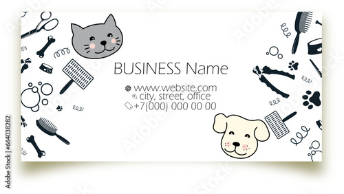 Business card concept grooming design, dog and cat. Grooming salon and pet care