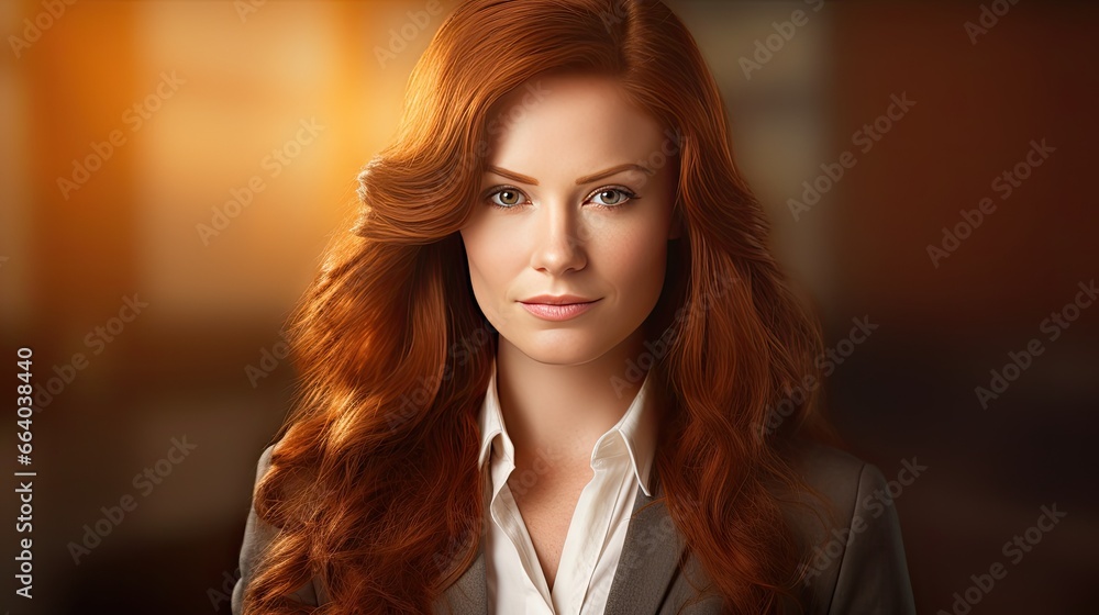 Portrait of a young smiling beautiful woman with long wavy hair. Close-up of the face against the backdrop of the office. Illustration for cover, card, postcard, interior design, decor or print. Portrait of a young smiling beautiful woman with long wavy hair. Close-up of the face against the backdrop of the office. Illustration for cover, card, postcard, interior design, decor or print.