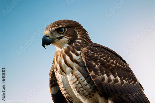 A red-tailed hawk soaring through the skies, its piercing eyes scanning for prey.