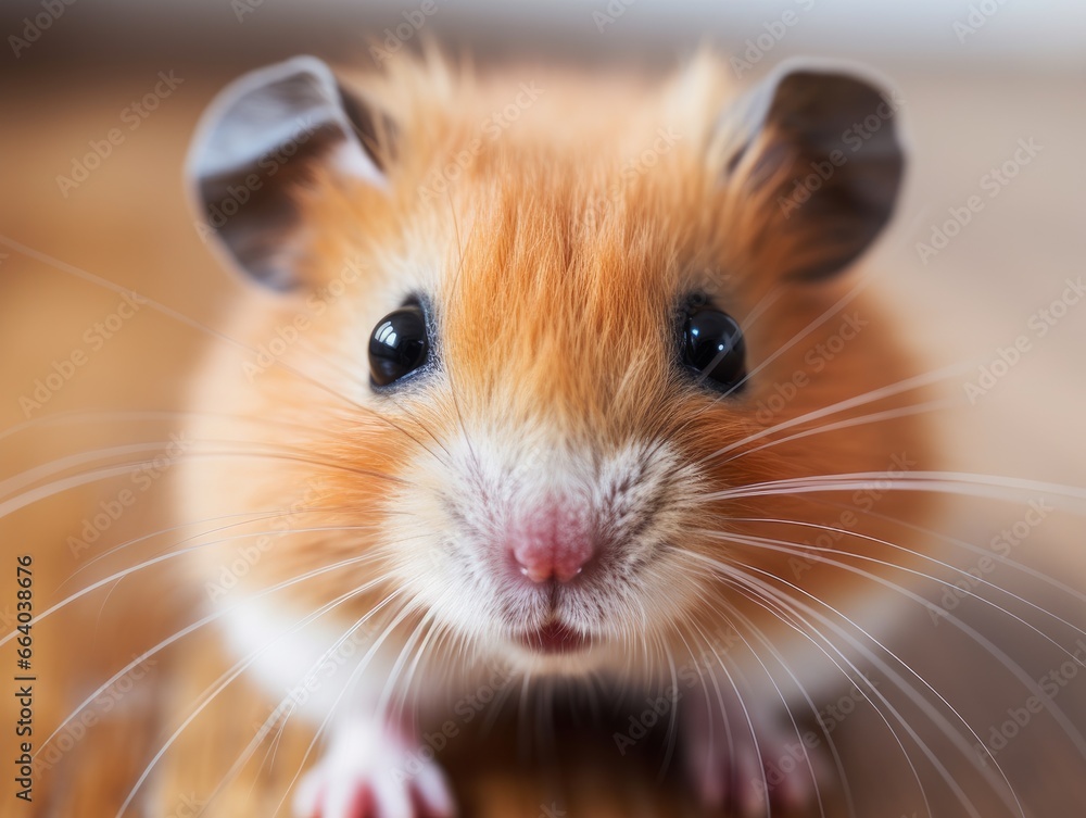 Close-up portrait of a hamster. A detailed image of the muzzle. Pet rodent looking at something. Illustration with a distorted fish-eye effect. Design of a banner, flyer, poster, cover or brochure. Close-up portrait of a hamster. A detailed image of the muzzle. Pet rodent looking at something. Illustration with a distorted fish-eye effect. Design of a banner, flyer, poster, cover or brochure.