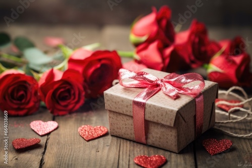 Red present gift box with space for greeting text on wooden background. AI Generated