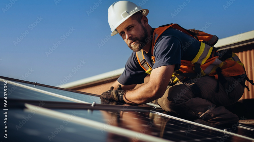 A worker installs solar panels, alternative energy sources. A worker installs solar panels, alternative energy sources.