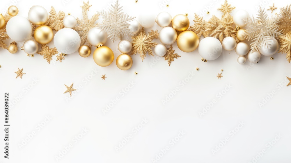 Fototapeta premium a festive Christmas banner with a lush arrangement of pine branches adorned with golden balls, stars, and snowflakes, this opulent scene against a crisp white background ideal for a captivating banner