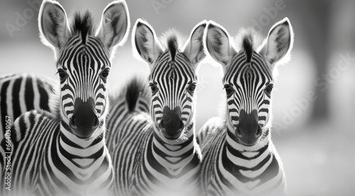 Several baby zebras stand in the savannah and look at the camera. Illustration for cover  card  postcard  interior design  banner  poster  brochure or presentation.