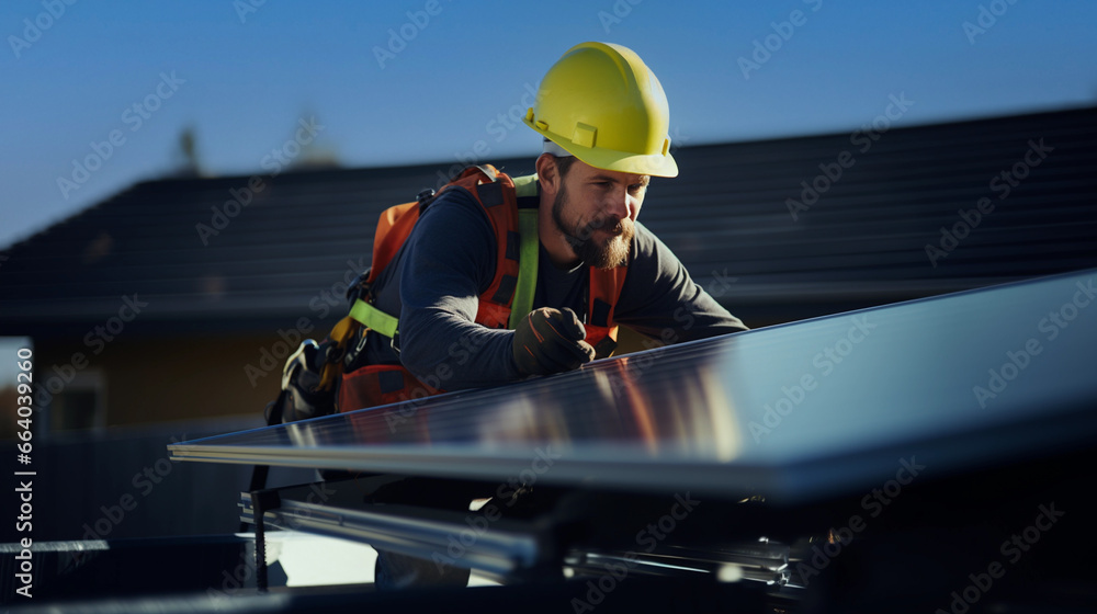 Fototapeta premium A worker installs solar panels, alternative energy sources.