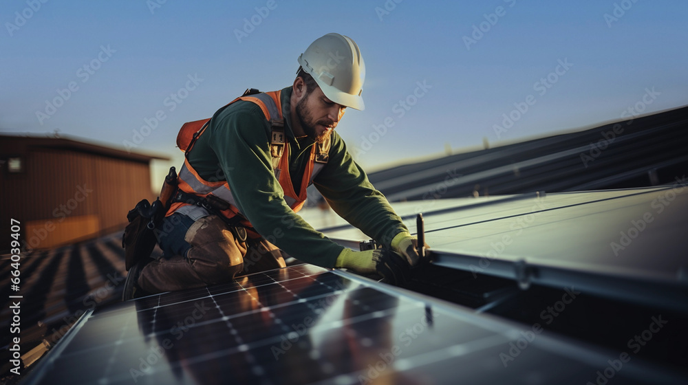 A worker installs solar panels, alternative energy sources. A worker installs solar panels, alternative energy sources.